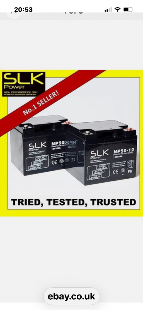 Two SLK Power Mobility Scooter Batteries NP50-12 – As New