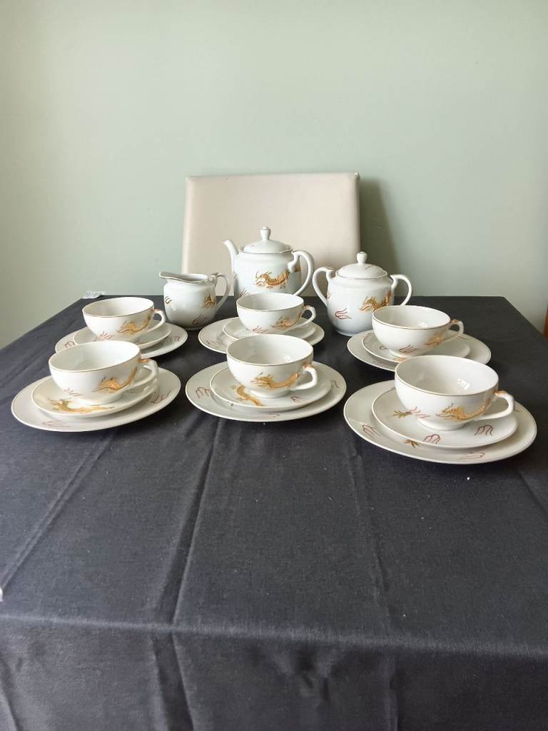 Gold and red dragon tea set