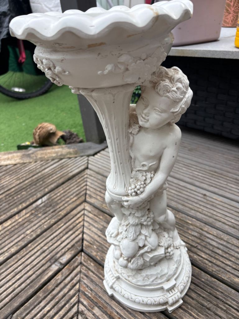 White Cherub Garden Statue / Bird Bath - Good Condition