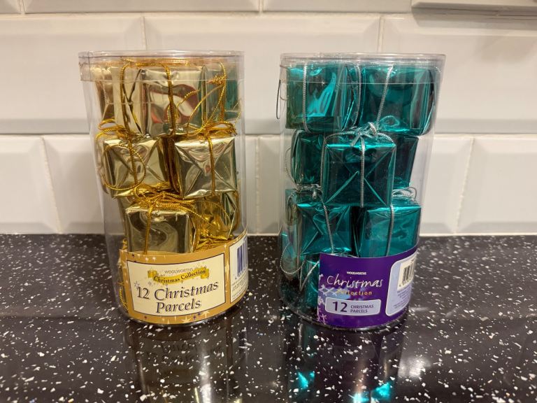 Rare 2 Boxes WOOLWORTHS Christmas Collection Tree Parcels Decorations 12 Turquoise & 12 Gold. 1.5"