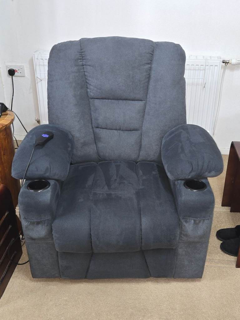 Good Condition Grey Fabric Recliner Armchair with Massage
