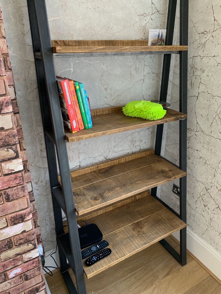 Industrial Style Ladder Bookshelf with Wooden Shelves