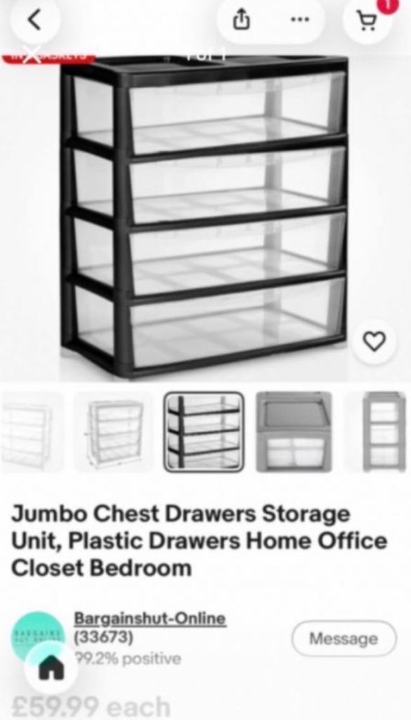 Brand new black jumbo 4‑drawer storage, W 73 x D39 x H82 cm, stackable / RRP £60