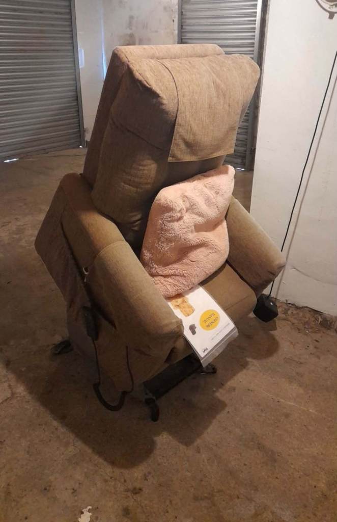 REDUCED Lovely Days Brown Fabric Fully rise and recline Armchair complete with instruction booklet
