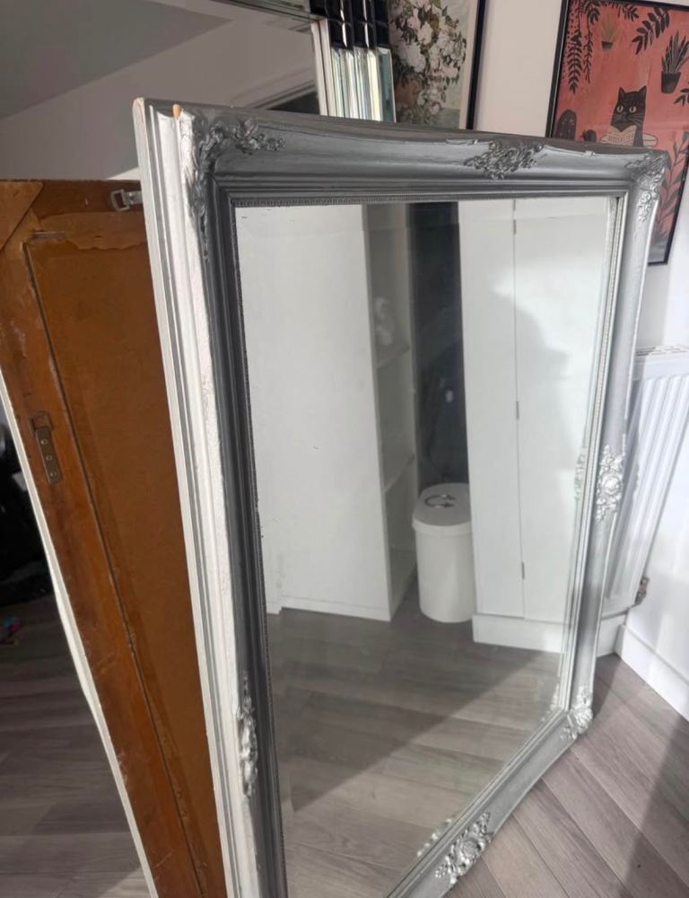 Large Grey Ornate Wall Mirror – Good Condition