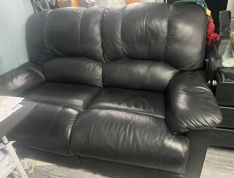 Two seater + One Seater Black Recliner Leather Sofa 