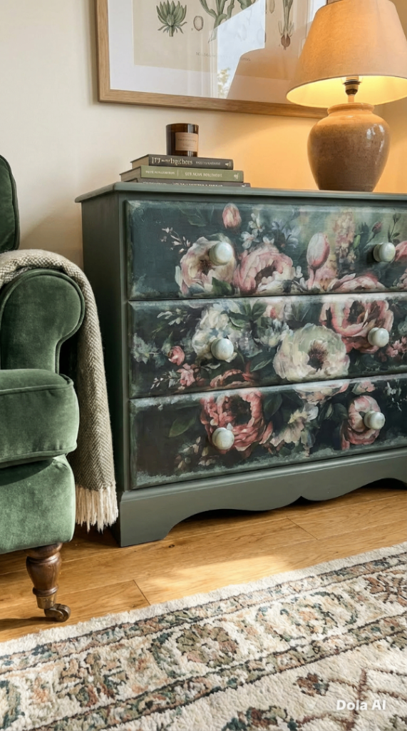 Antique pine decoupaged chest of drawers 