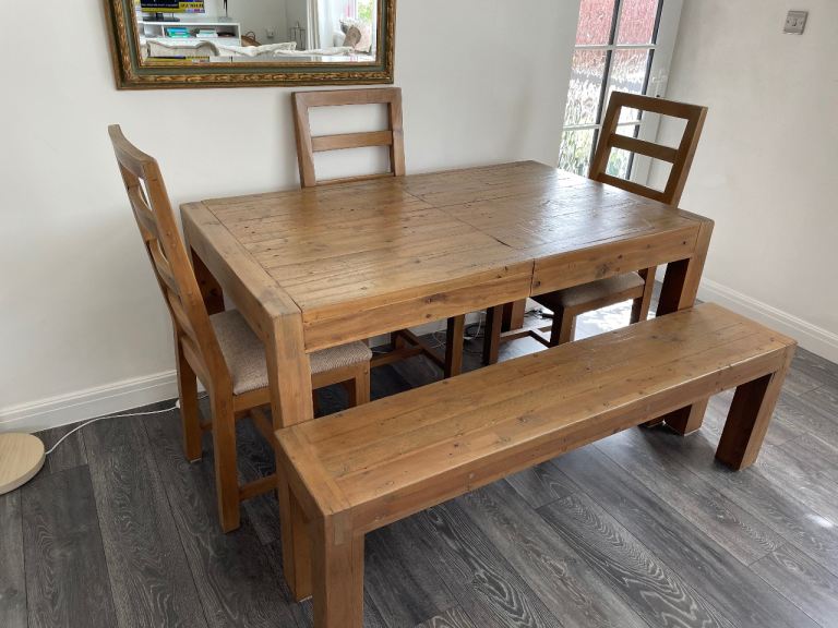 Solid Reclaimed Wood Extending Dining Table with Bench & 3 Chairs
