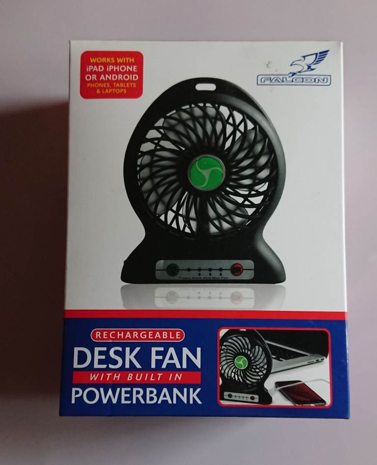 Falcon Rechargeable Desk Fan with Built-in Powerbank – New in Box