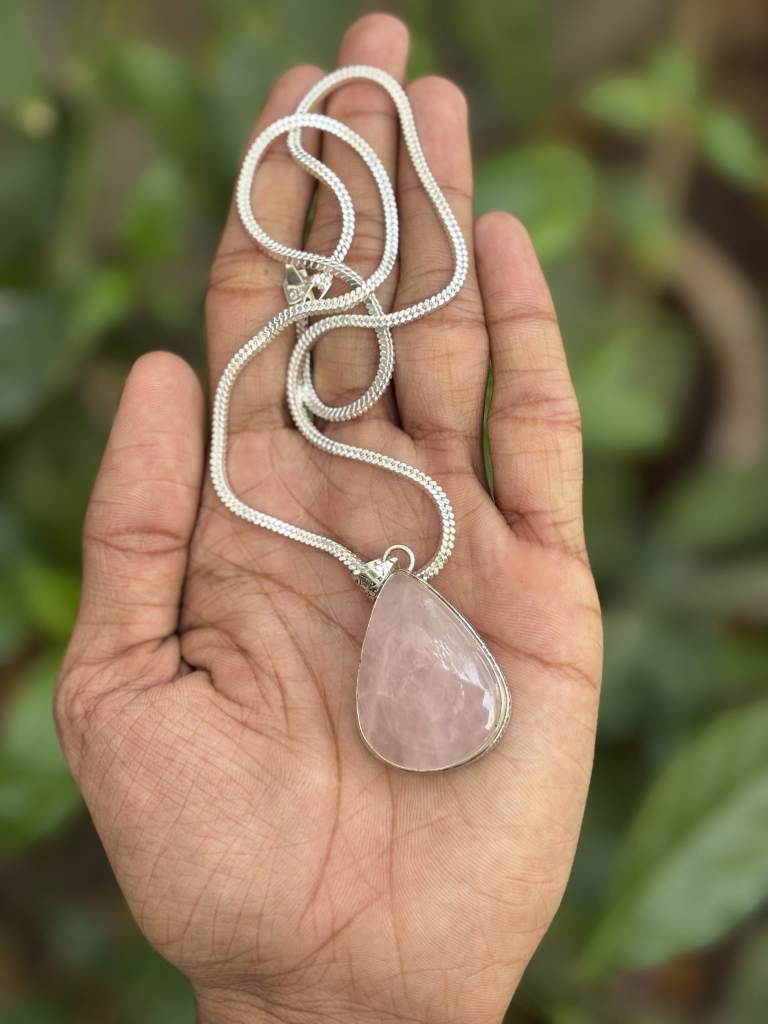 Rose Quartz Drop Shape Pendant with Chain – 100% Pure Natural Certified Stone Pendant Necklace for