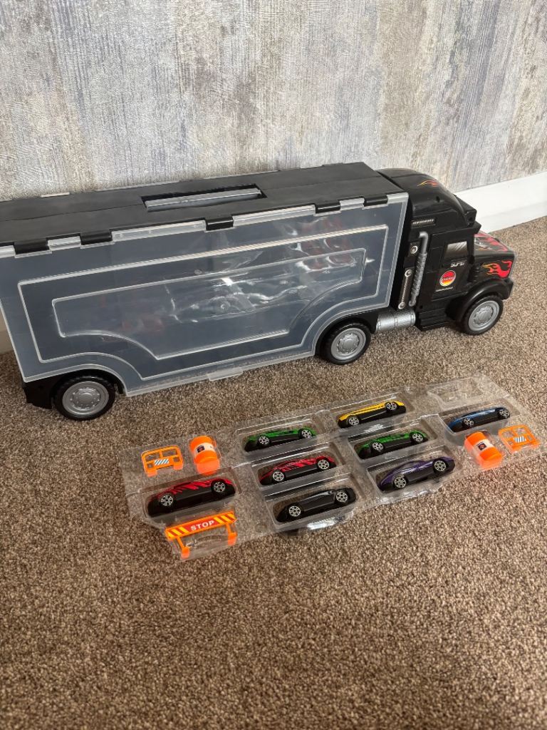 Toy Car Transporter Truck with Die-Cast Cars – Good Condition