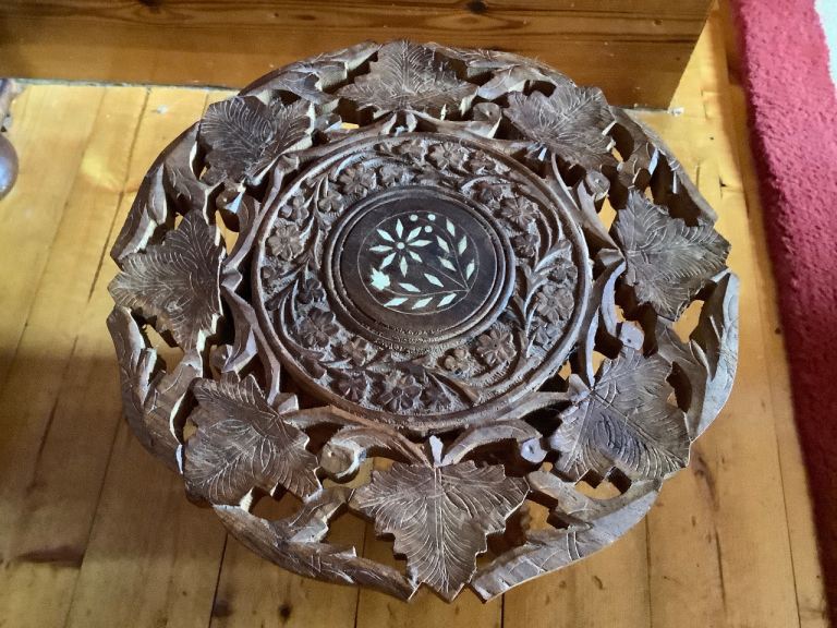 INDIAN WOODEN CARVED CIRCULAR FOLDING TABLE 