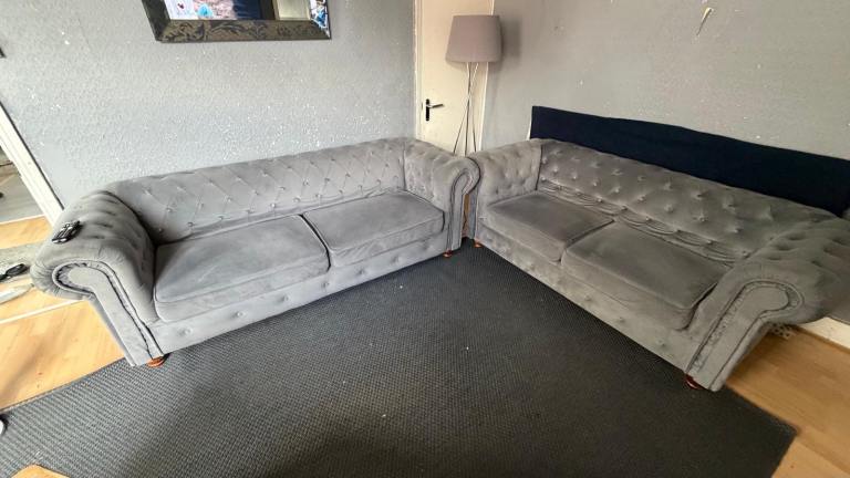 Two Grey Velvet Chesterfield Sofas – Good Condition