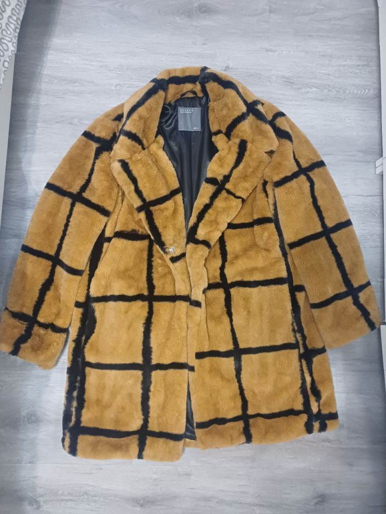 Papaya Faux Fur Coat Size 14 – Brown/Black Check, Good Condition