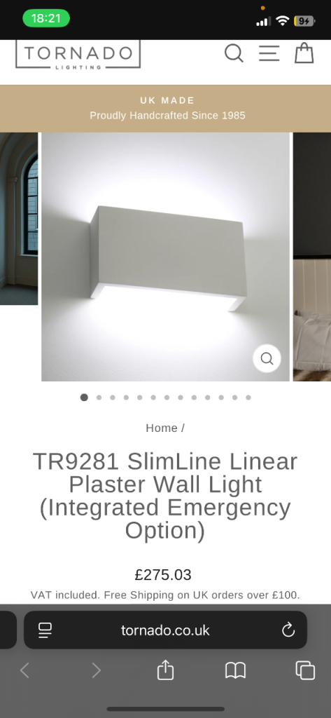 Tornado Lighting TR9281 SlimLine Plaster Wall Light - NEW