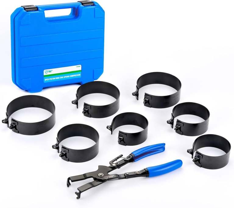 new in packaging - 7-Piece Piston Ring Compressor Kit with Ratchet Plier