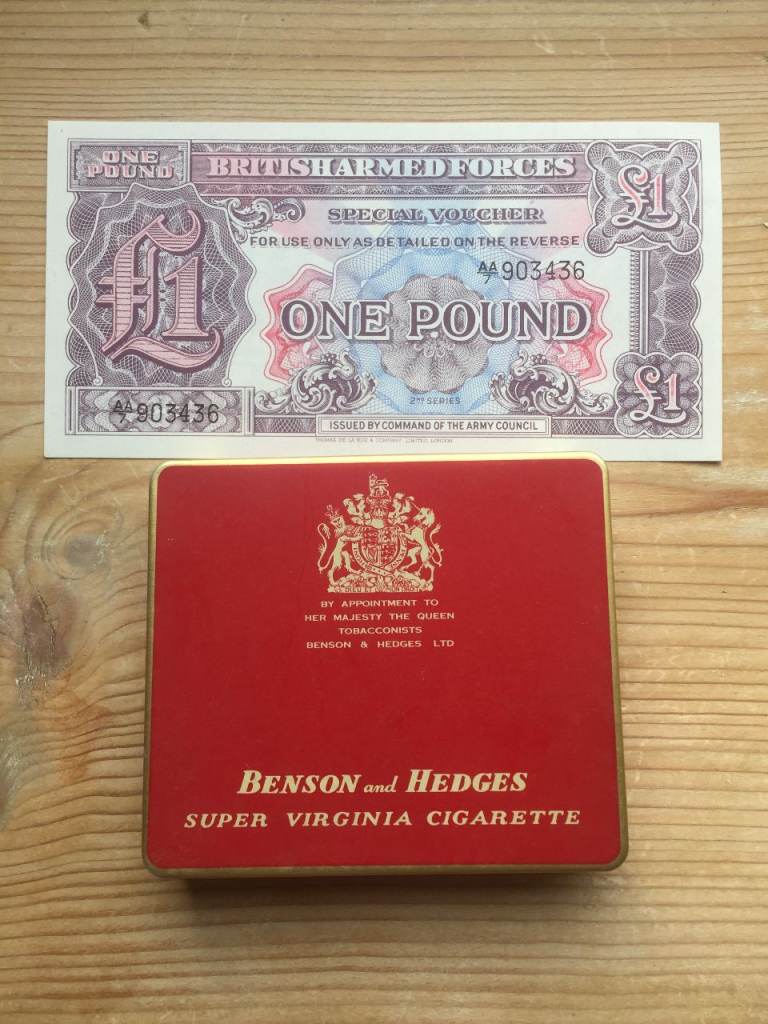 Empty Benson And Hedges Naafi Stores tin and Armed Forces coupon (out of date)