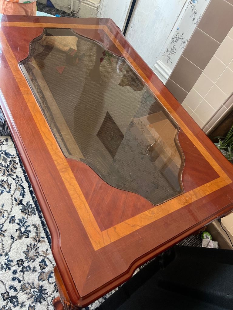 Wooden Coffee Table with Glass Top – Fair Condition