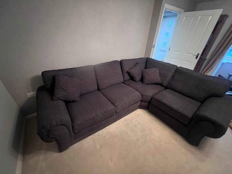 Comfortable Grey Corner Sofa and Matching Armchair – Good Condition