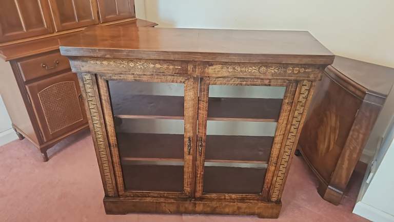 Victorian inlaid burr walnut display cabinet