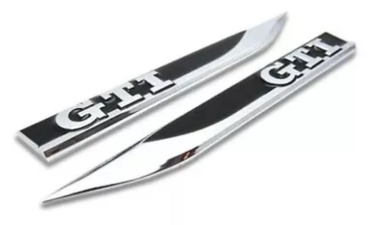 2 Pcs GTI Side Wing Fender Metal Badges 150mm x 18mm Black Colour
