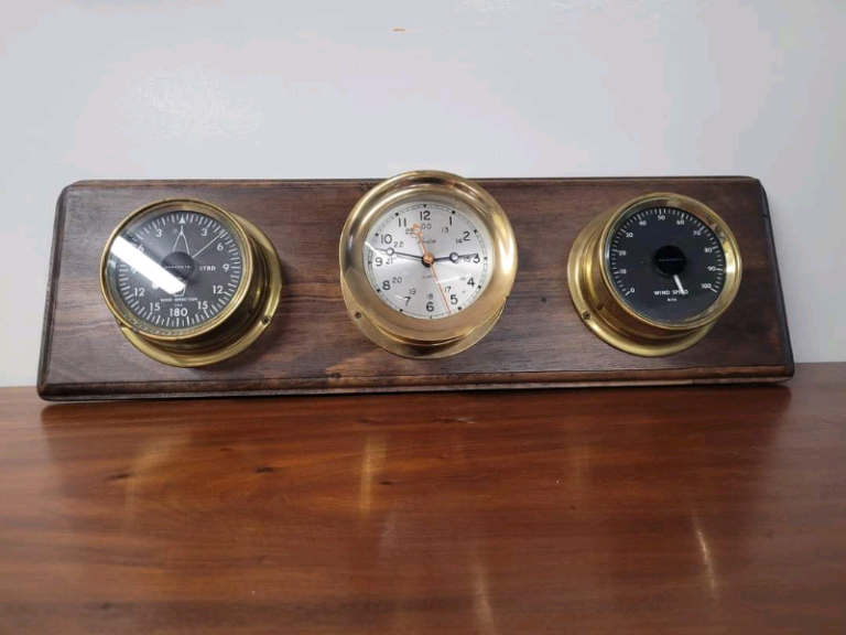Maritime Mounted Ships Clock, Anemometer & Wind Direction Dials on Wooden Plaque