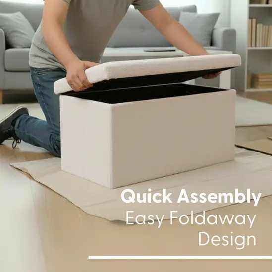 📦 NEW Large White Boucle Teddy Folding Storage Box Blanket Ottoman Footstool Seat 90L RRP £39.95