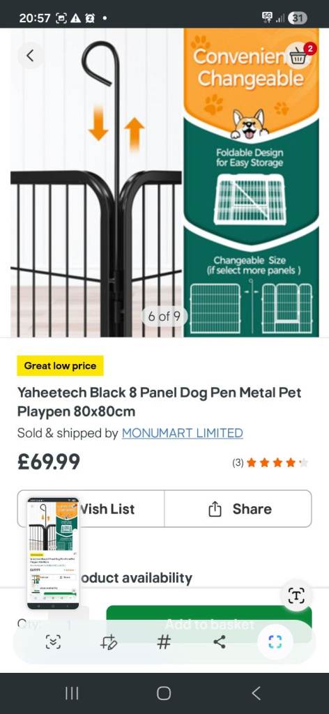 NEW Large Dog Playpen 8 Panel Metal Pet Cage 80cm x 80cm