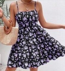 New Size Medium Will Fit Size 12 & 14 Black and Purple Floral Dress Stretchy 