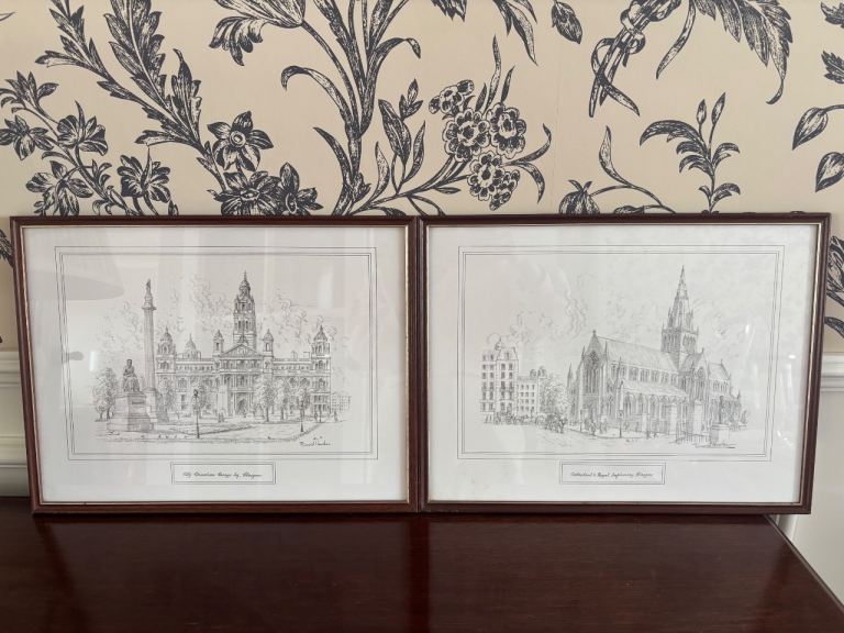 Two David Hawker signed framed sketches Glasgow art