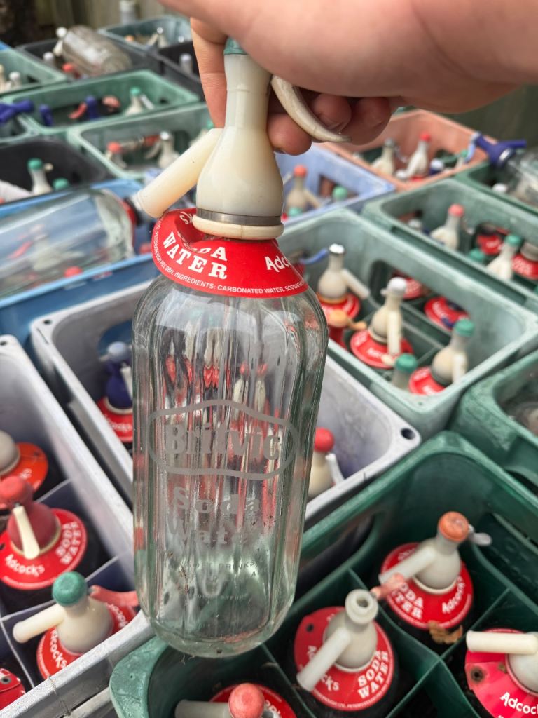 Vintage etched glass soda bottles