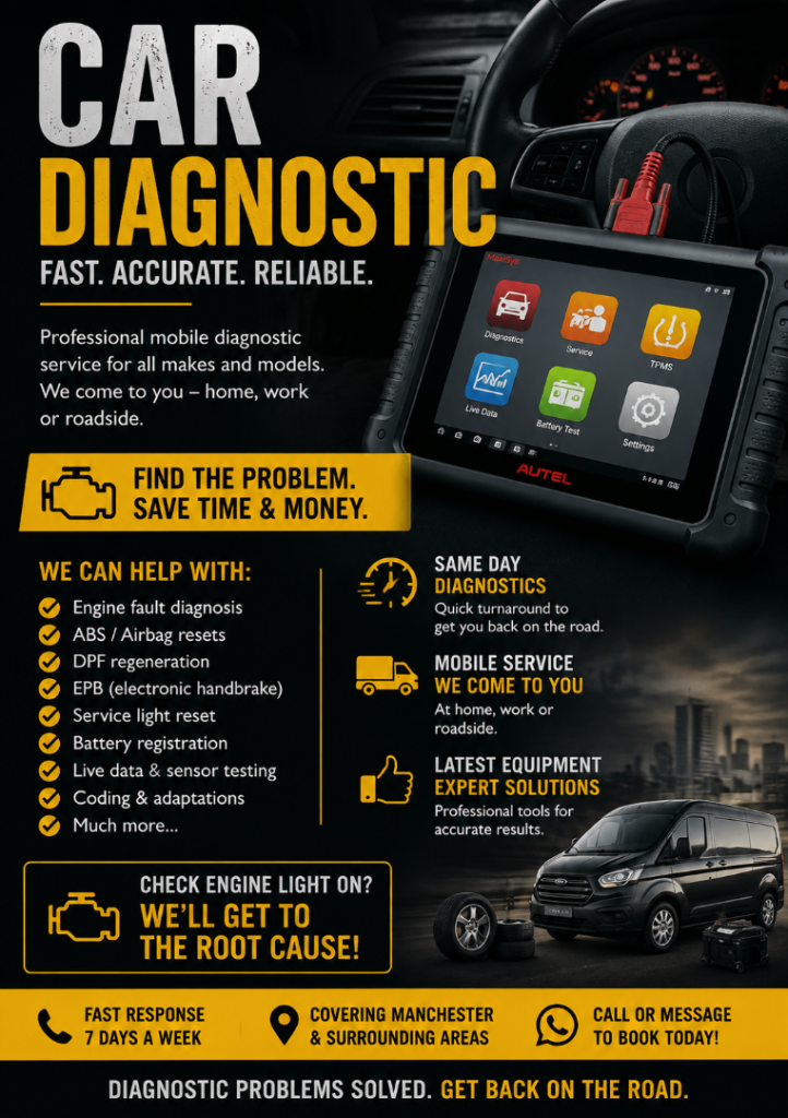 🌟Mobile Car Diagnostics Manchester | Engine, ABS, Airbag & TPMS | £20