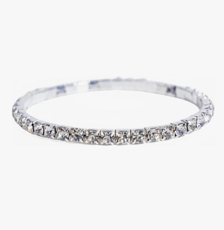 New Silver-Tone Rhinestone Tennis Bracelet – Stretch Bangle with Clear Glass Stones