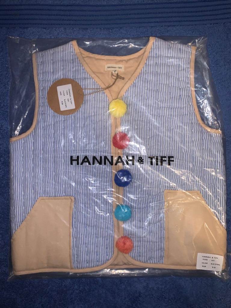 New Hannah & Tiff Blue Stripe Pom Pom Quilted Waistcoat Age 10 IP1