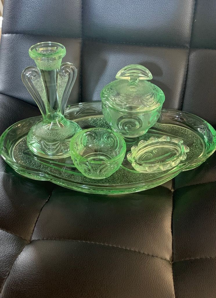 Vintage Green Glass Dressing Table Set –