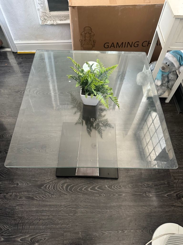 Clear Glass Square Dining Table with Metal Base – Good Condition