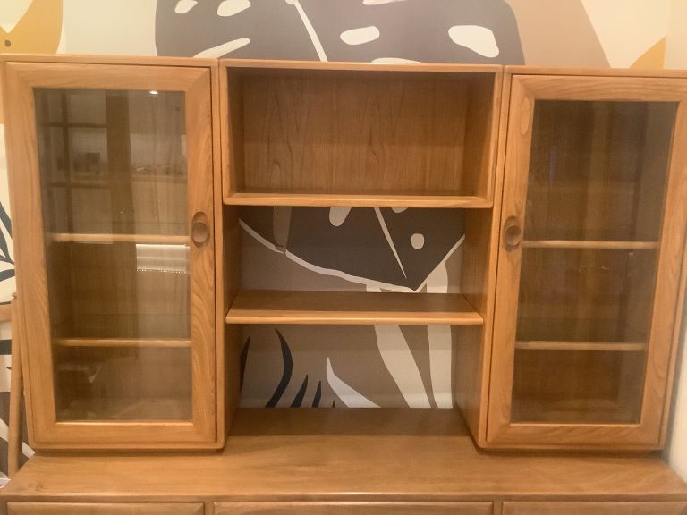 ERCOL WINDSOR TOP TWO GLASS DISPLAY UNITS WITH JOINING TOP BOX AND SHELVES…ALL IN THE LIGHT FINISH