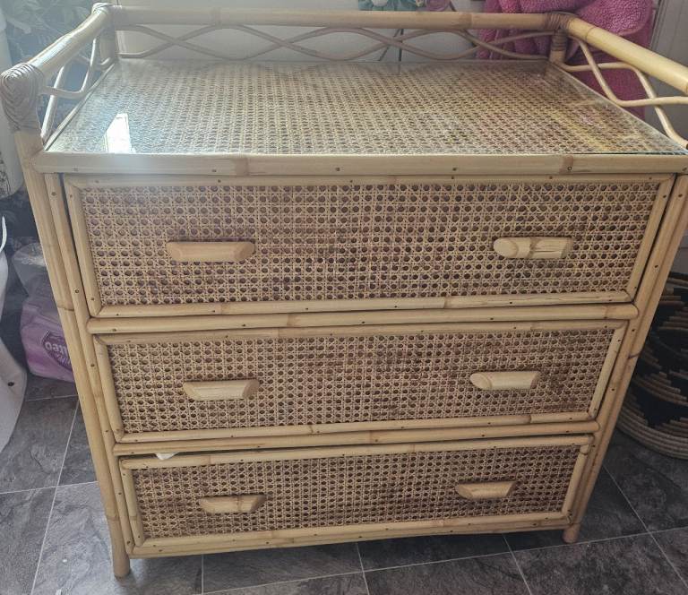 bamboo rattan wicker chest of drawers cabinet vintage 60s 70s mid century MCM