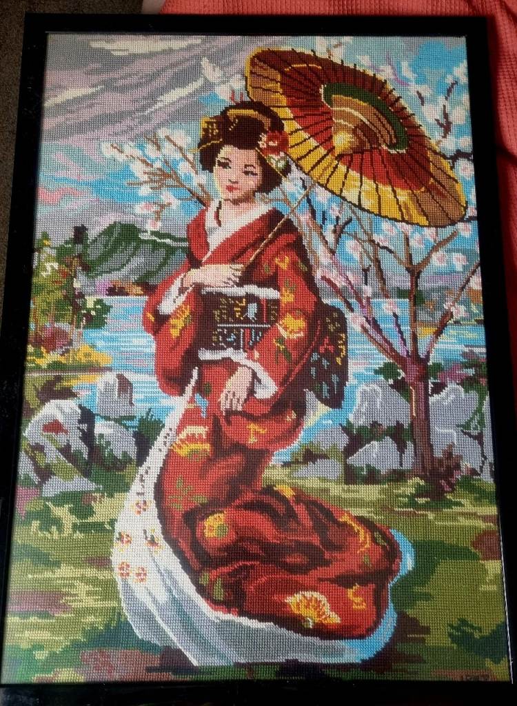 FREE Hand Stitched Fabric Artwork Japanese Geisha Portrait Framed Needlework Wall Art 74x53cm