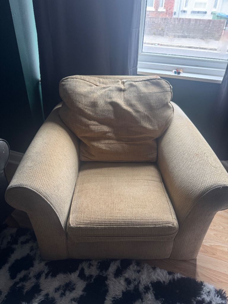 Armchair/Cuddle Chair - deep/large armchair - beige/yellow cord 