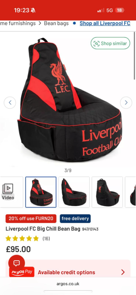 Liverpool FC Football Bean Bag Chair – Black & Red