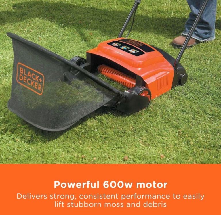 Used Once BLACK+DECKER Lawn Raker, 600W, Adjustable Height Scarifier with Large Capacity 