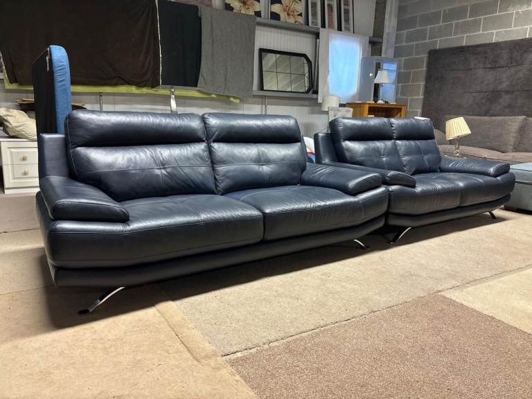Modern Style Navy Blue Leather 2 and 3 Seater Sofas 