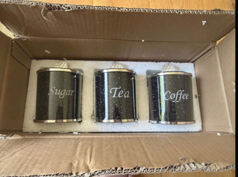 New Black Sparkly Sugar, Tea, Coffee Canisters Set