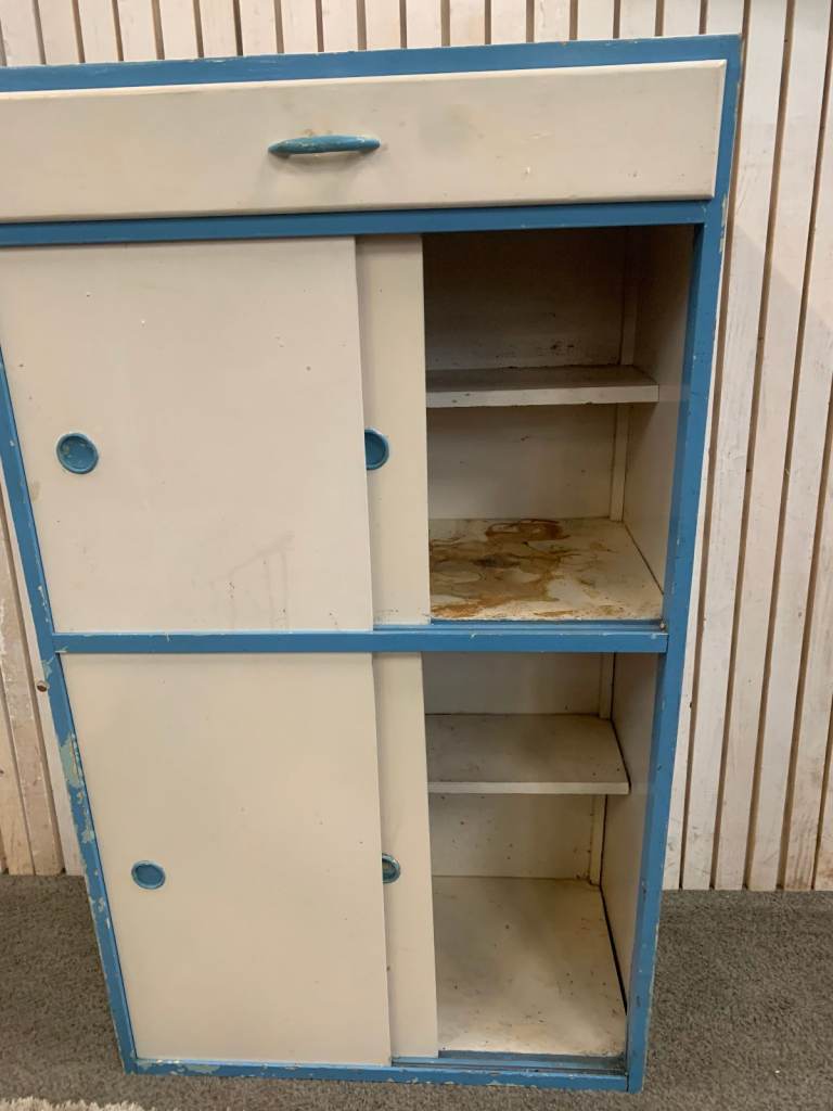 Kitchen Cabinet / Larder. Vintage 1950s in White +Blue Edge (Restoration Work Required)