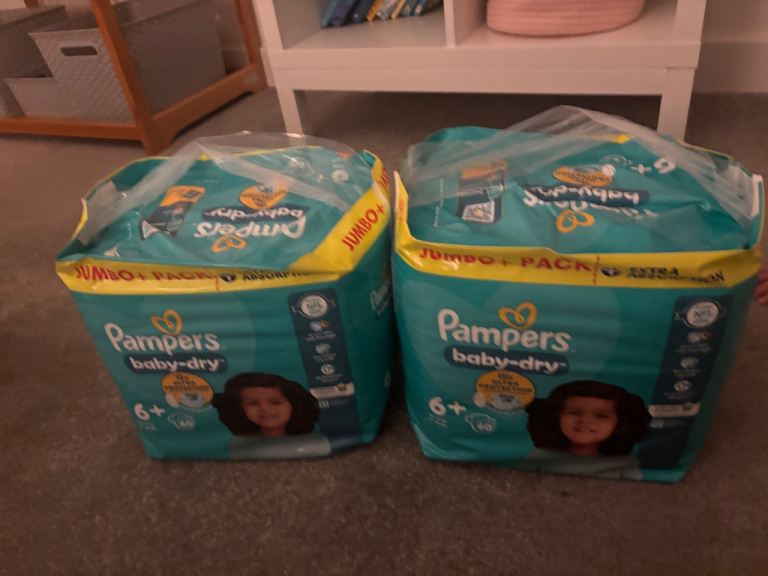 Two packs of Pampers 6+ nappies