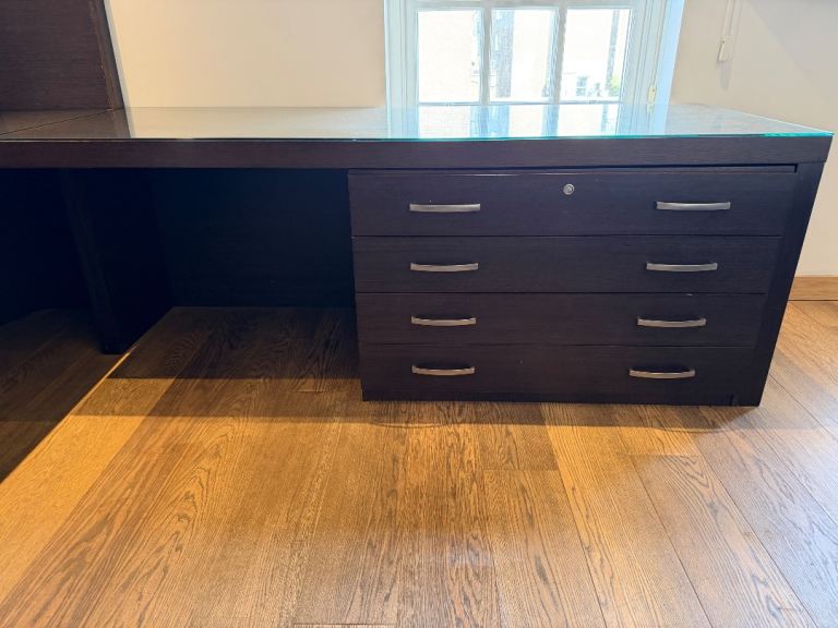 Dark Wood Desk with Drawers and Glass Top