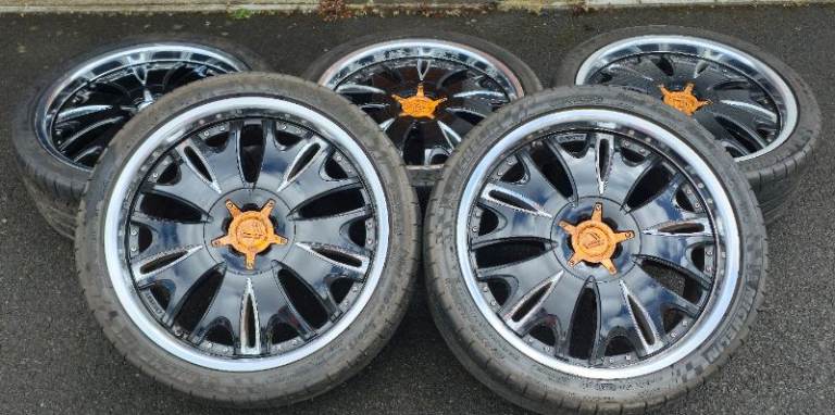 20" LENSO GRANDE 9 GLOSS BLACK+POLISHED MIRROR LIP 5x114.3 ET35 8.5J FULL SET+SPARE! BARGAIN