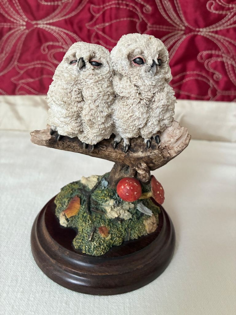 Country Artists Handcrafted Double Owlets CA560 On Wooden Plinth Collectable Figurine
