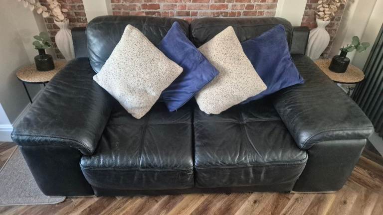 Black Leather Sofa Suite - 4 Seater, 2 Seater, and Footstool